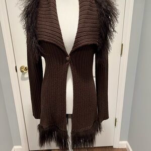 Brown Fur-Trimmed Women's Sweater